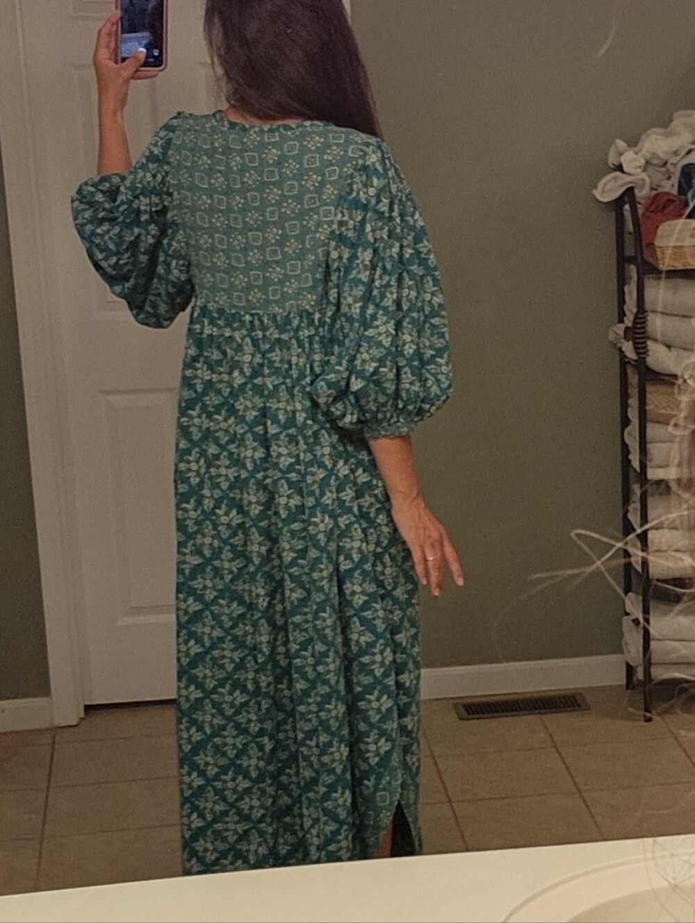 Free People Size L Teal Green Maxi Dress Balloon Sleeve Beaded Detail Stunning - Picture 7 of 17
